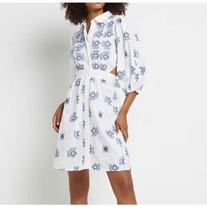 River Island Mini Shirt Dress 2 White Blue Embroidered Open Tie Back Puff Sleeve